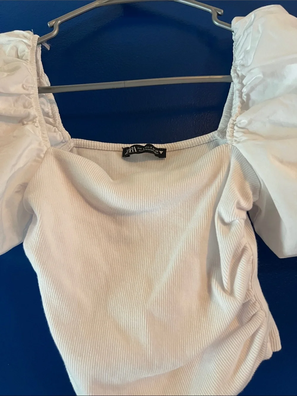 Zara White Puff-Sleeve Square Neck Crop Top